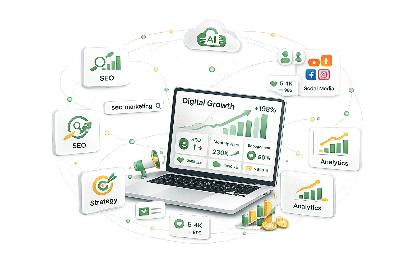 Illustration representing digital marketing, SEO, social media, and business growth.