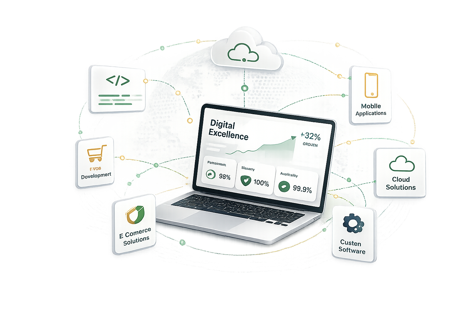 Illustration showing Amigo Hub's integrated digital ecosystem.